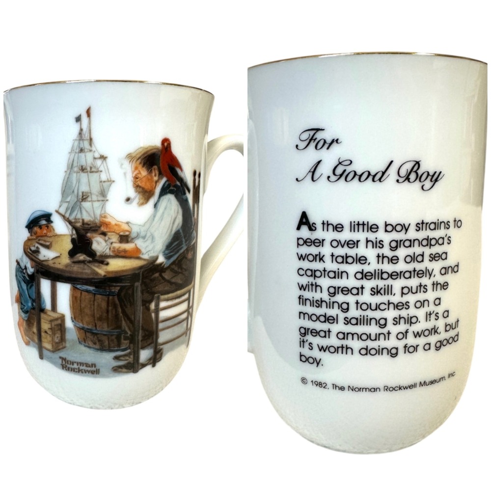 VTG 80s Norman Rockwell Museum For A Good‎ Boy Mug Gold Trim Americana Porcelain